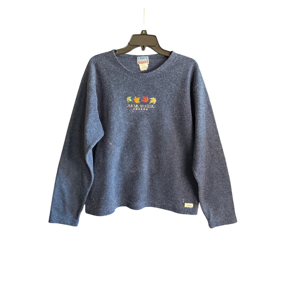 Fundy Nova Scotia Canada Blue Fleece Sweater‎ Vintage Embroidered Large
